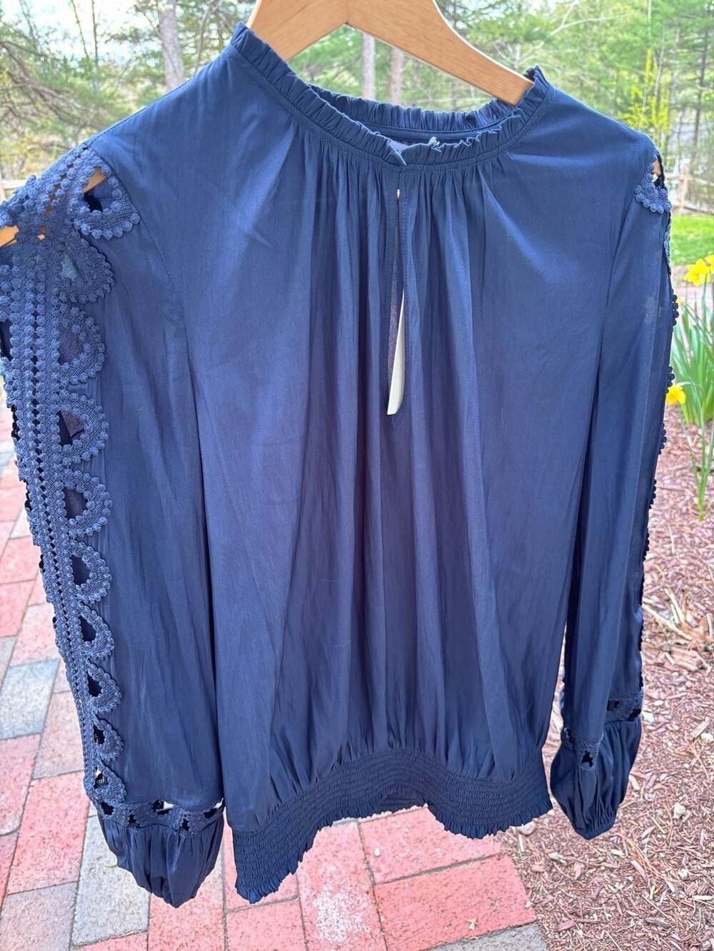 Ramy Brook Navy Blue Crochet Lace Detail Long Sleeve Top